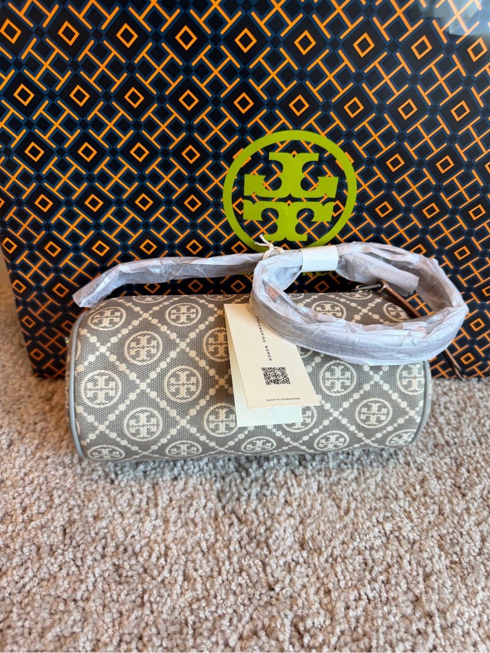 Tory Burch T Monogram Utility Cylinder Shoulder Bag Gray